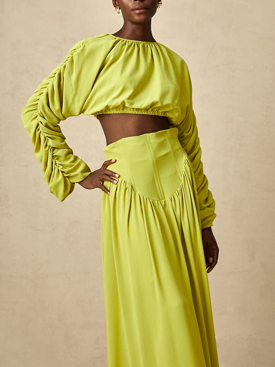 Vintage O Neck Long Sleeve Short Top High Waist A Line Skirts Suits Solid Loose Two Piece Set