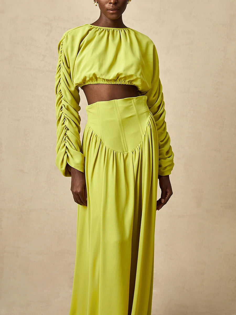 Vintage O Neck Long Sleeve Short Top High Waist A Line Skirts Suits Solid Loose Two Piece Set
