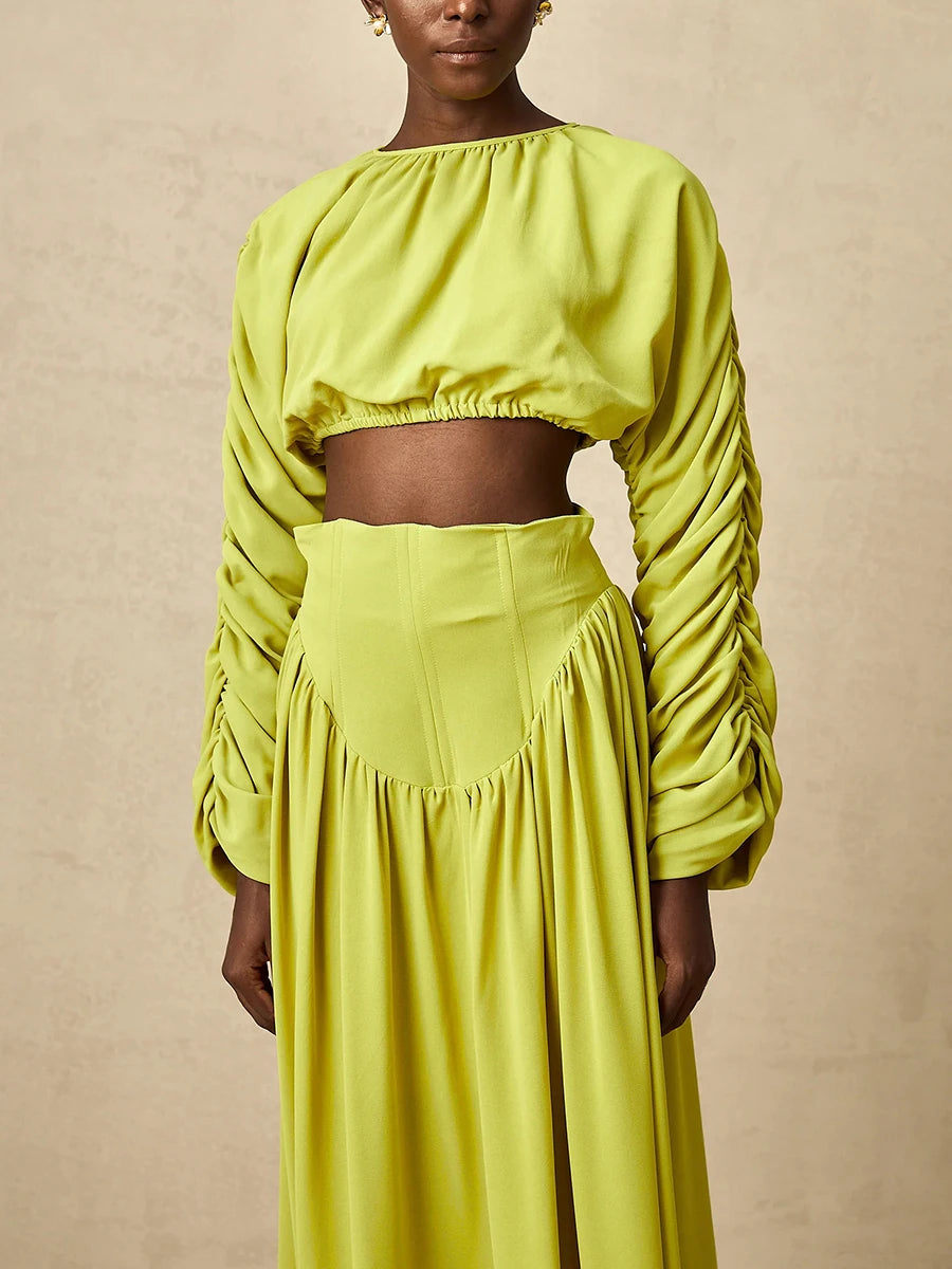 Vintage O Neck Long Sleeve Short Top High Waist A Line Skirts Suits Solid Loose Two Piece Set
