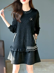 O-Neck Pockets Spliced Beading Ruffles Solid Color Casual Dresses