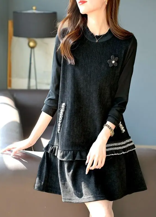 O-Neck Pockets Spliced Beading Ruffles Solid Color Casual Dresses