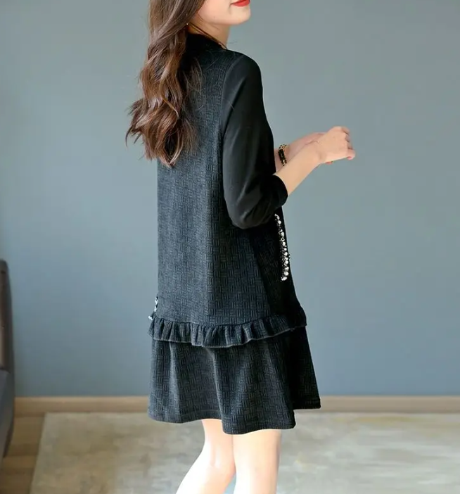 O-Neck Pockets Spliced Beading Ruffles Solid Color Casual Dresses