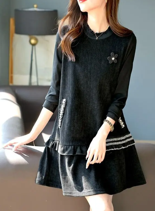 O-Neck Pockets Spliced Beading Ruffles Solid Color Casual Dresses