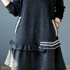 O-Neck Pockets Spliced Beading Ruffles Solid Color Casual Dresses