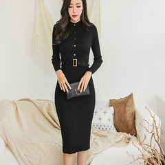 O-neck Full Sleeve Sashes Stretch Vestidos Single Breasted Sweater Dress