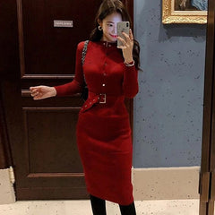 O-neck Full Sleeve Sashes Stretch Vestidos Single Breasted Sweater Dress