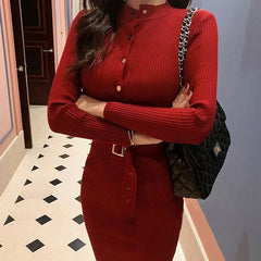 O-neck Full Sleeve Sashes Stretch Vestidos Single Breasted Sweater Dress