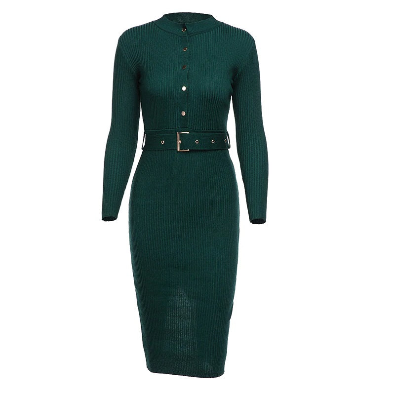 O-neck Full Sleeve Sashes Stretch Vestidos Single Breasted Sweater Dress