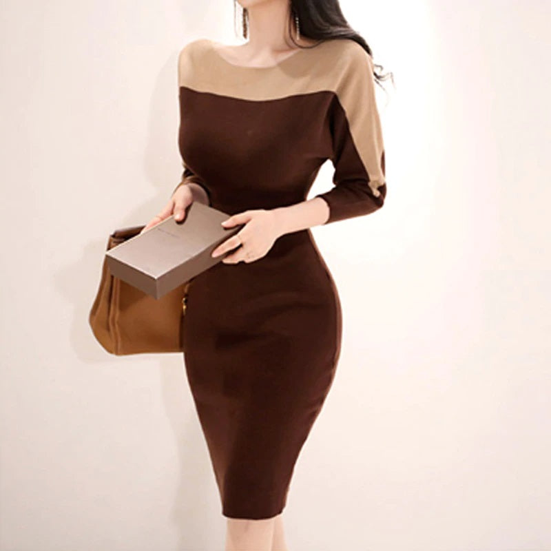 O-neck Mid-length Skinny Elastic Knitted Sweater Dress