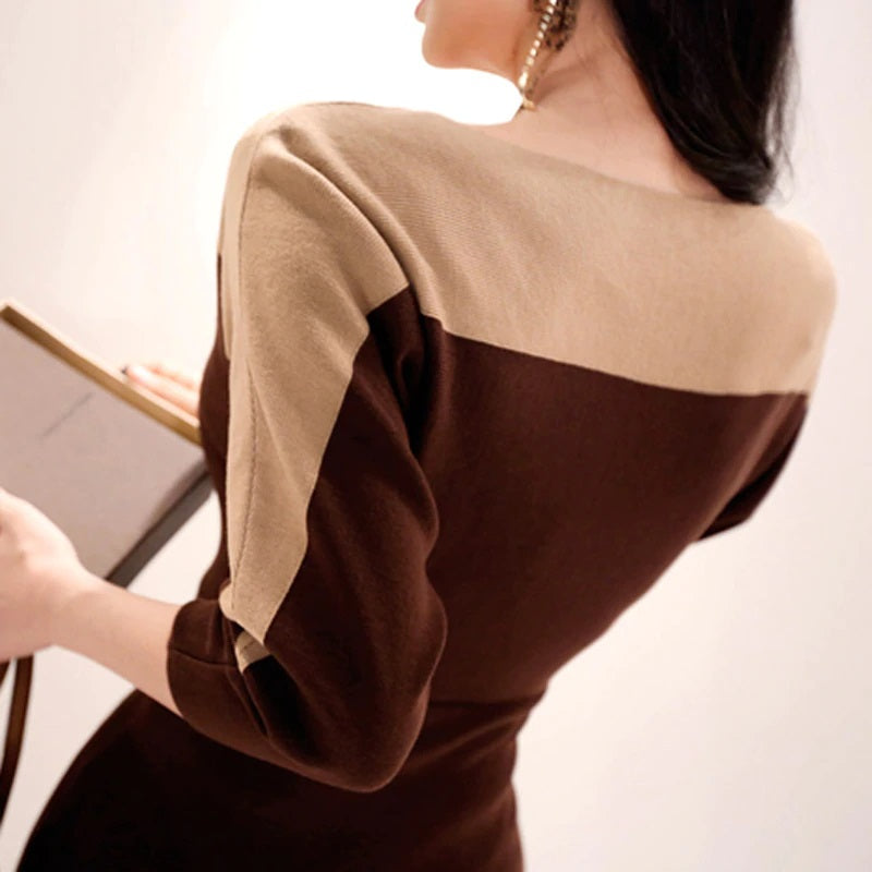 O-neck Mid-length Skinny Elastic Knitted Sweater Dress