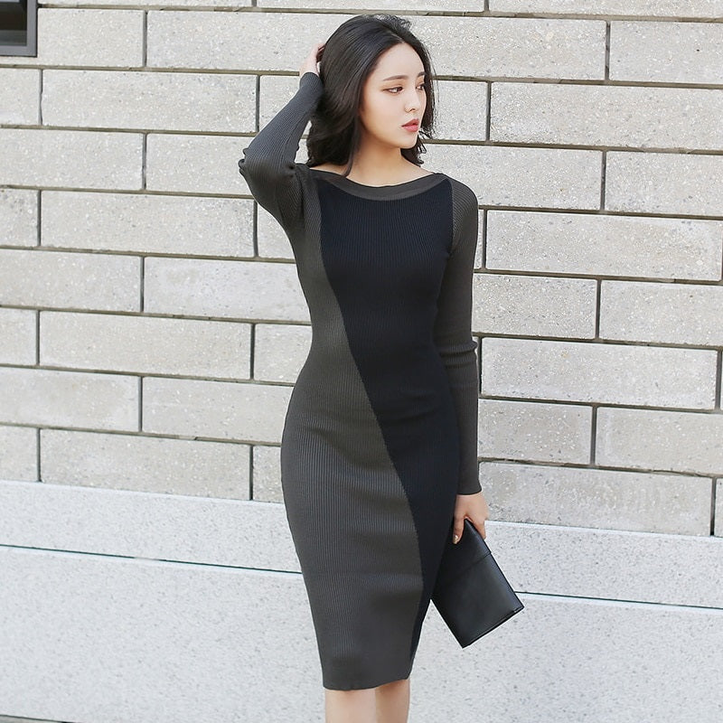O-neck Patchwork Mid-length Full Sleeve Knitted Sweater Dress