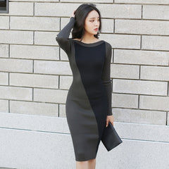 O-neck Patchwork Mid-length Full Sleeve Knitted Sweater Dress