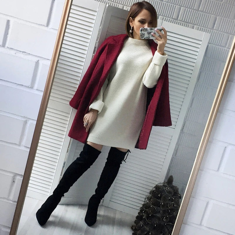 O-neck Pullover Solid Knitted Cotton Sweater Dresses