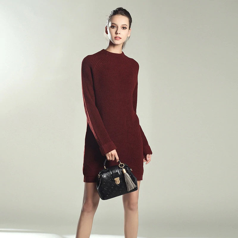 O-neck Pullover Solid Knitted Cotton Sweater Dresses