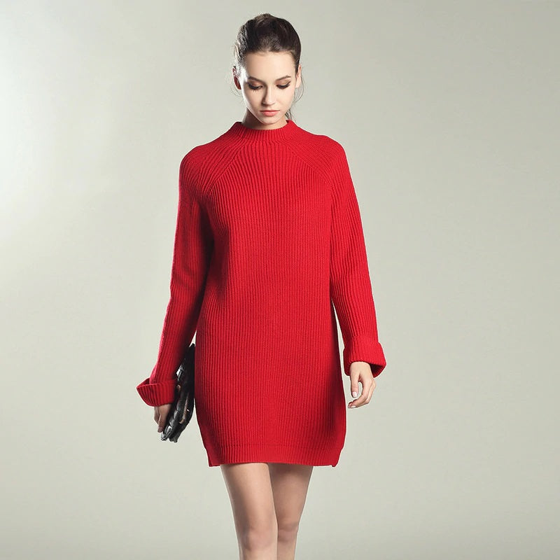 O-neck Pullover Solid Knitted Cotton Sweater Dresses