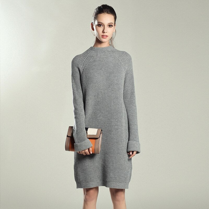 O-neck Pullover Solid Knitted Cotton Sweater Dresses