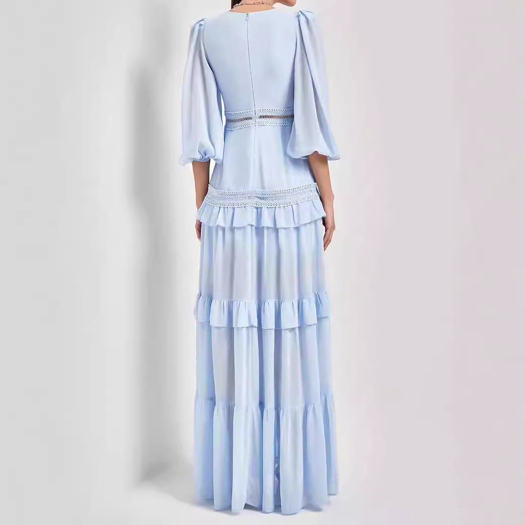 Vintage Long Sleeve High Waist Lace Splicing Stand Collar Midi Dress
