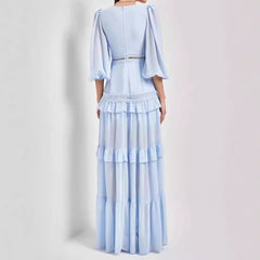 Vintage Long Sleeve High Waist Lace Splicing Stand Collar Midi Dress