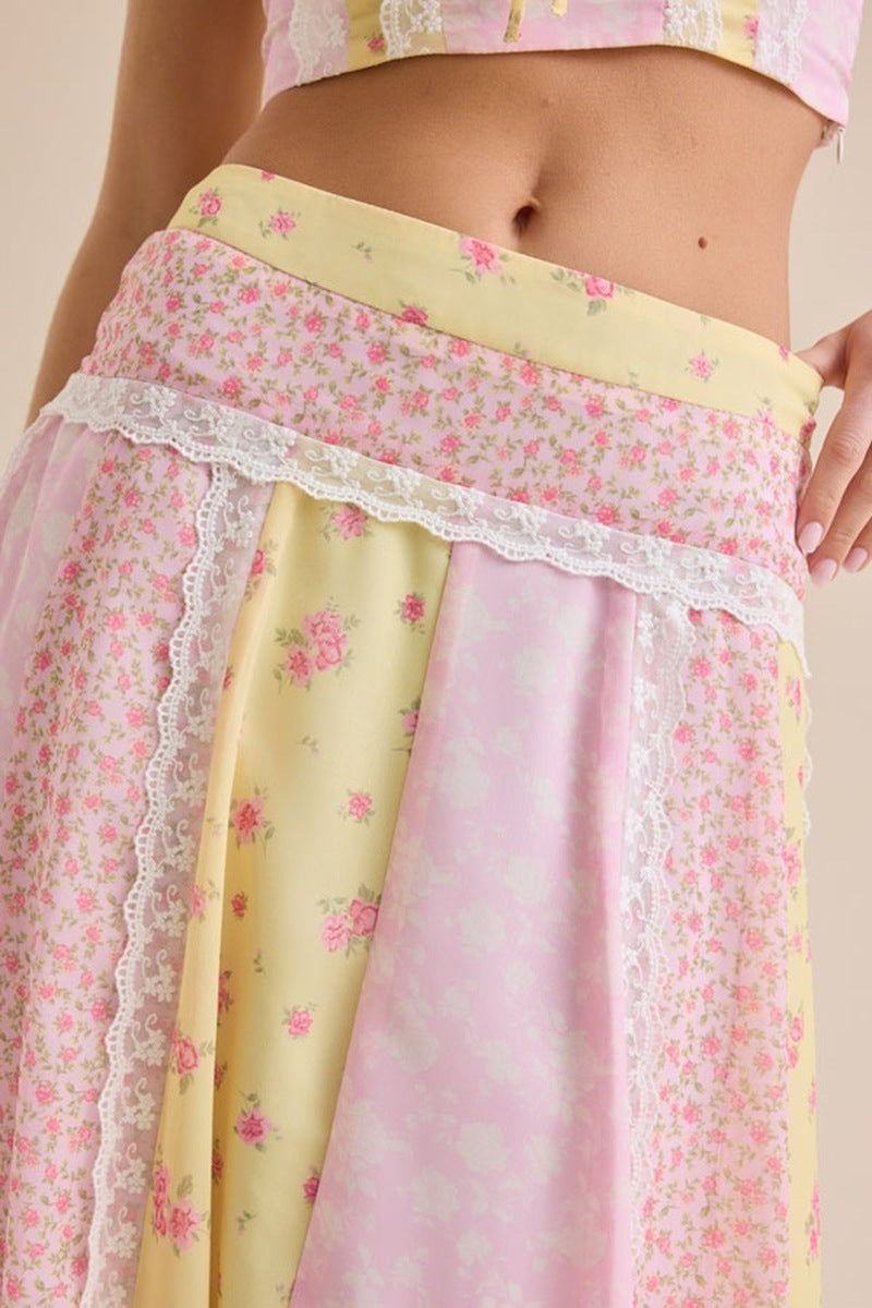 Print High Waist Pleated Slim Maxi Dresses Fly Sleeve Tops Skirt Sets