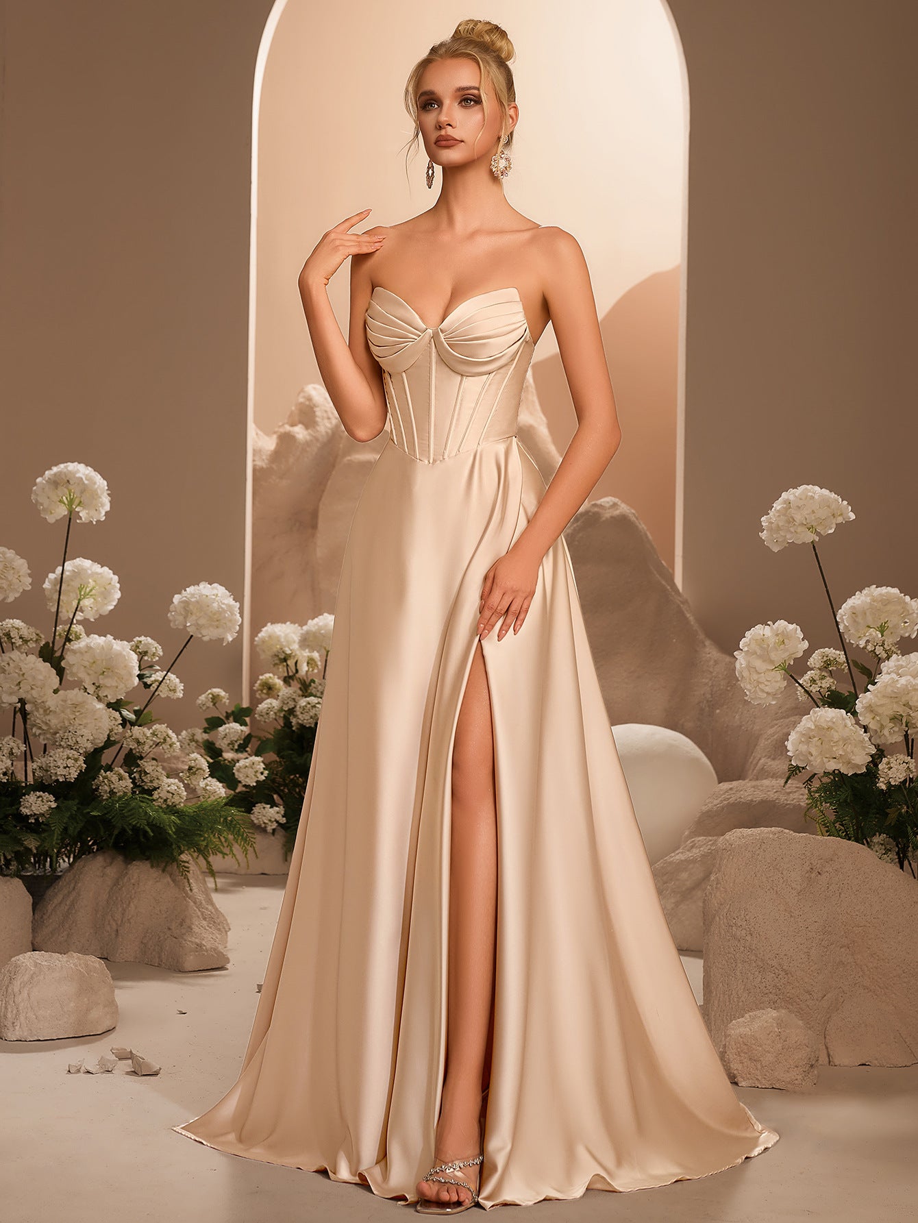 Elegant A-Line Draped High Split Ruffles Strapless Evening Party Maxi Dress