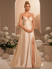 Elegant A-Line Draped High Split Ruffles Strapless Evening Party Maxi Dress