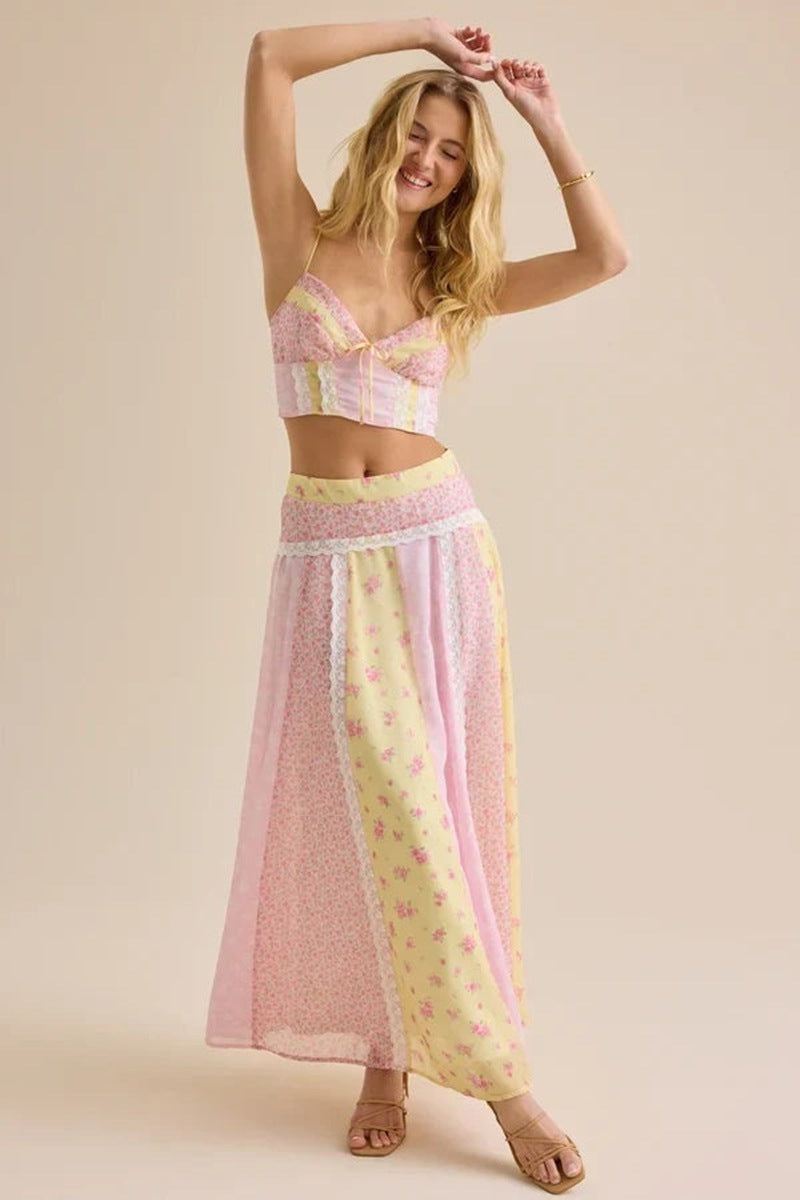 Print High Waist Pleated Slim Maxi Dresses Fly Sleeve Tops Skirt Sets
