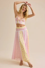 Print High Waist Pleated Slim Maxi Dresses Fly Sleeve Tops Skirt Sets