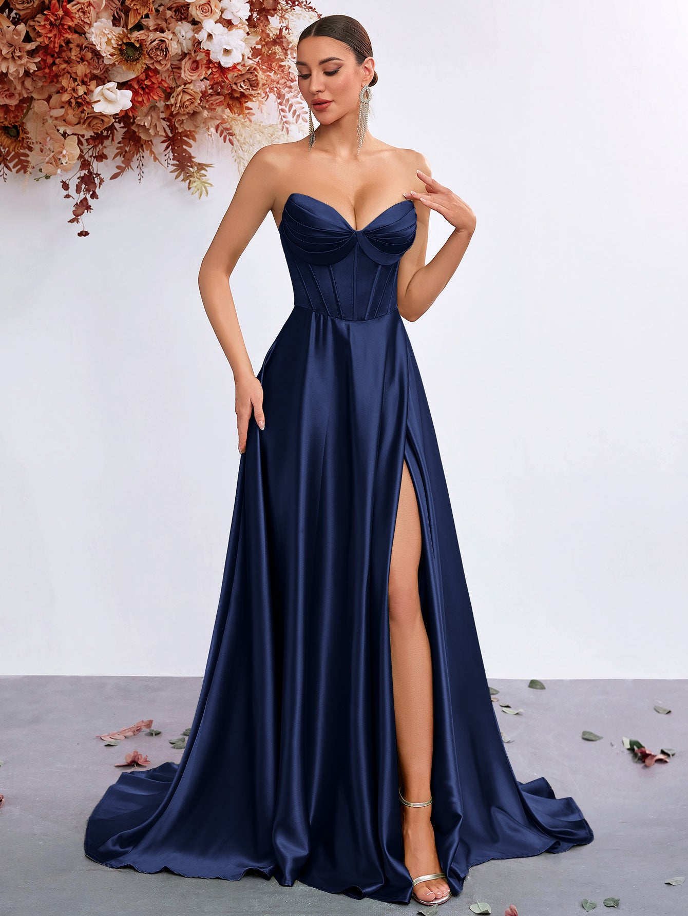 Elegant A-Line Draped High Split Ruffles Strapless Evening Party Maxi Dress