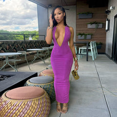 Classic Halter Reflect V-neck Cleavage Sleeveless Sheath Vestidos Evening Wear Maxi Dress