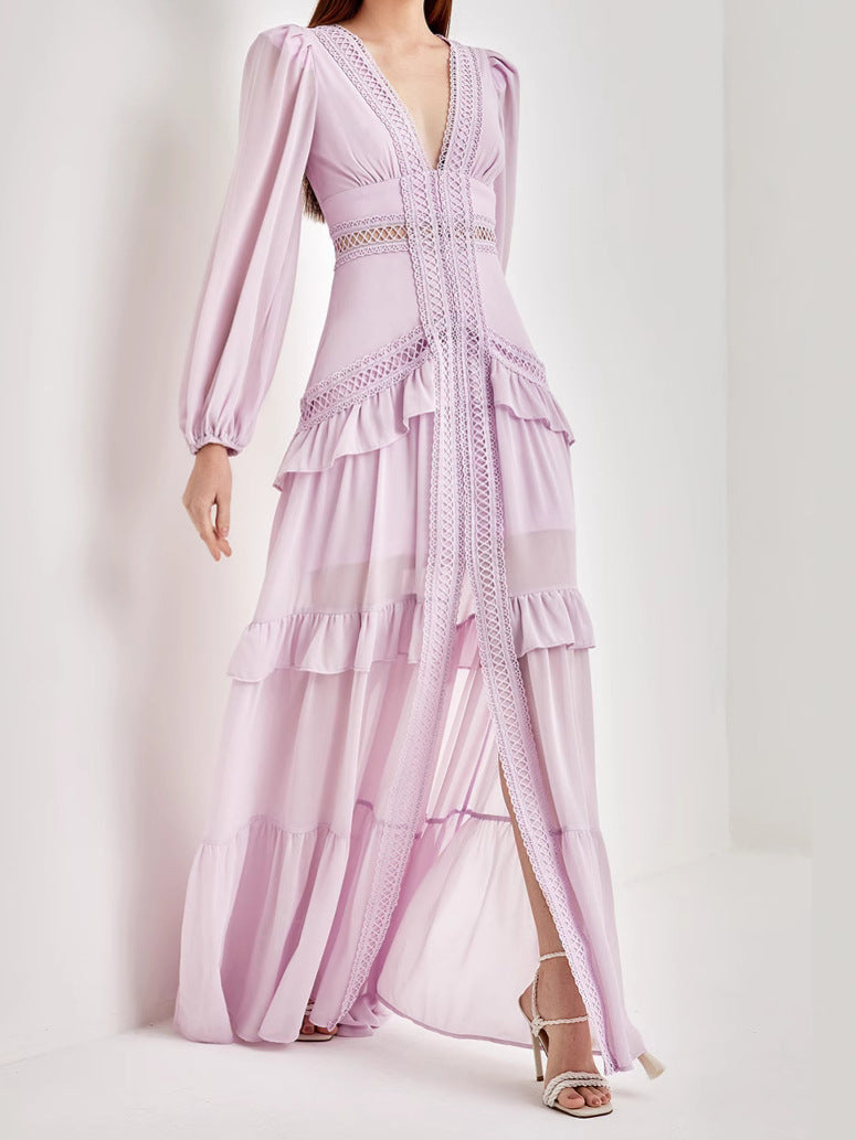 Vintage Long Sleeve High Waist Lace Splicing Stand Collar Midi Dress