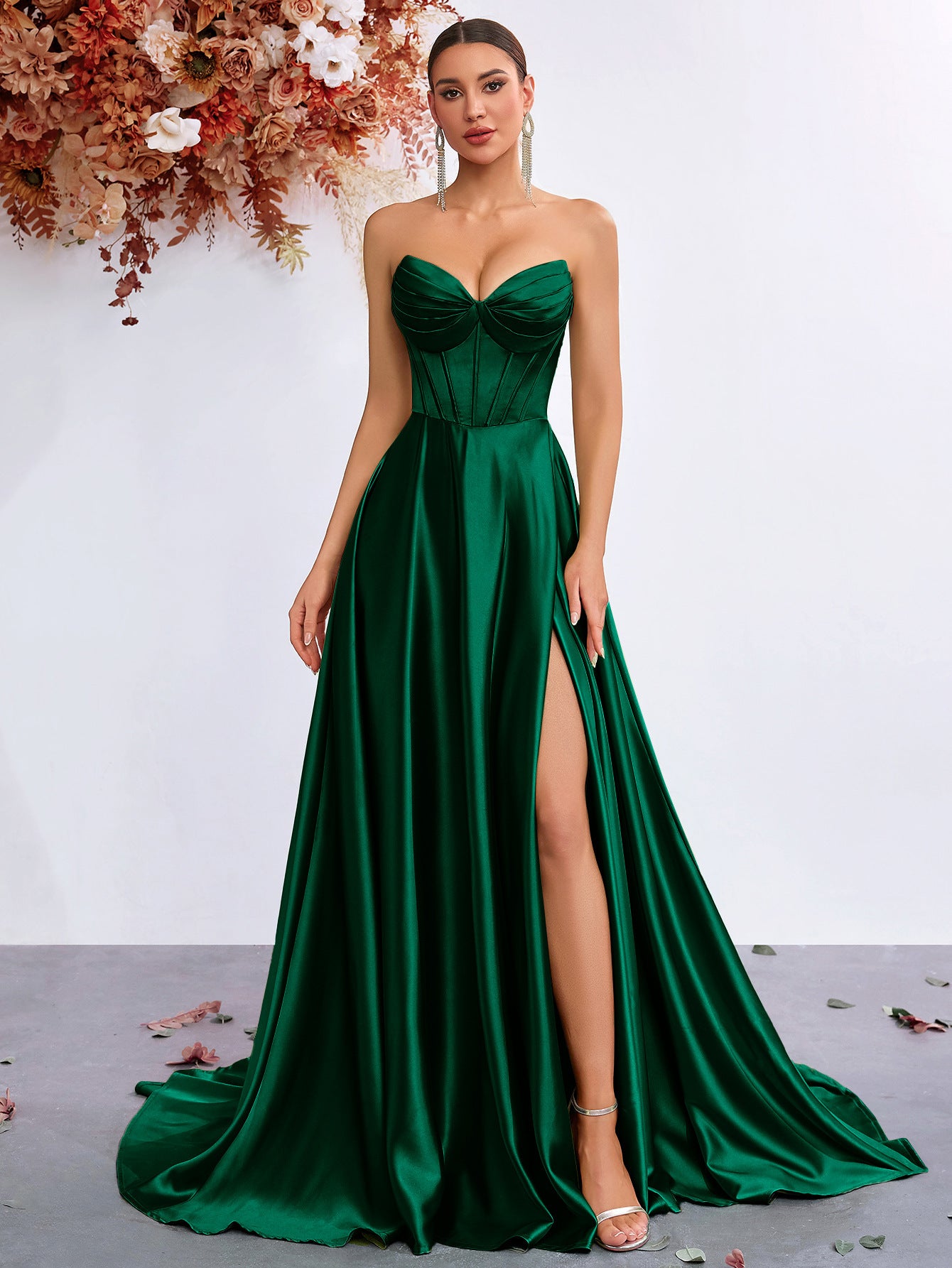 Elegant A-Line Draped High Split Ruffles Strapless Evening Party Maxi Dress