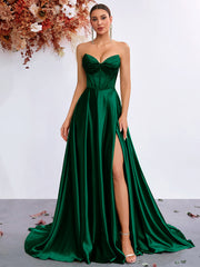 Elegant A-Line Draped High Split Ruffles Strapless Evening Party Maxi Dress