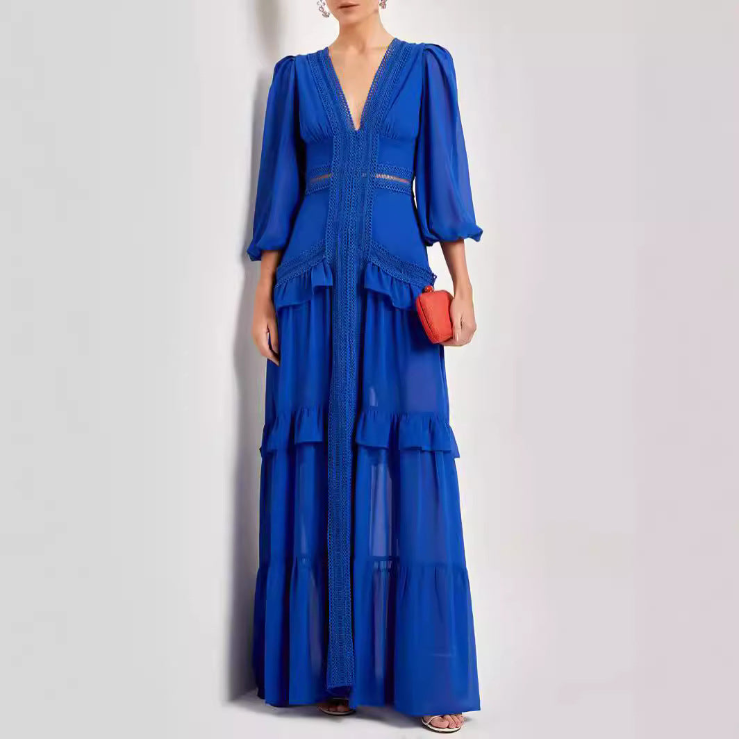 Vintage Long Sleeve High Waist Lace Splicing Stand Collar Midi Dress