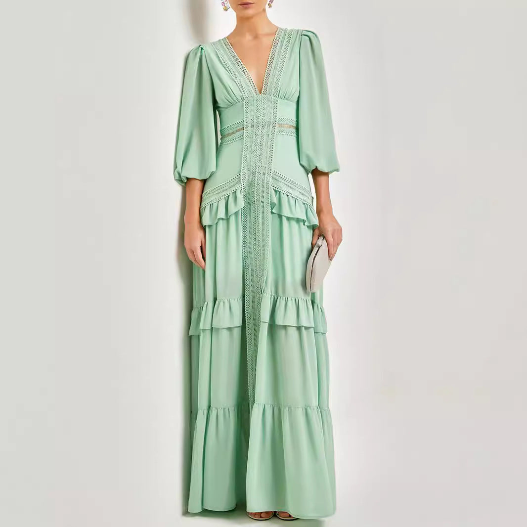 Vintage Long Sleeve High Waist Lace Splicing Stand Collar Midi Dress