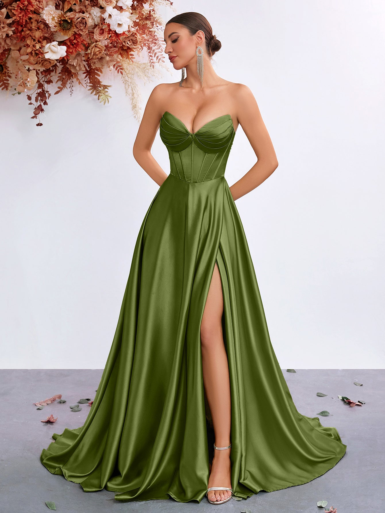 Elegant A-Line Draped High Split Ruffles Strapless Evening Party Maxi Dress