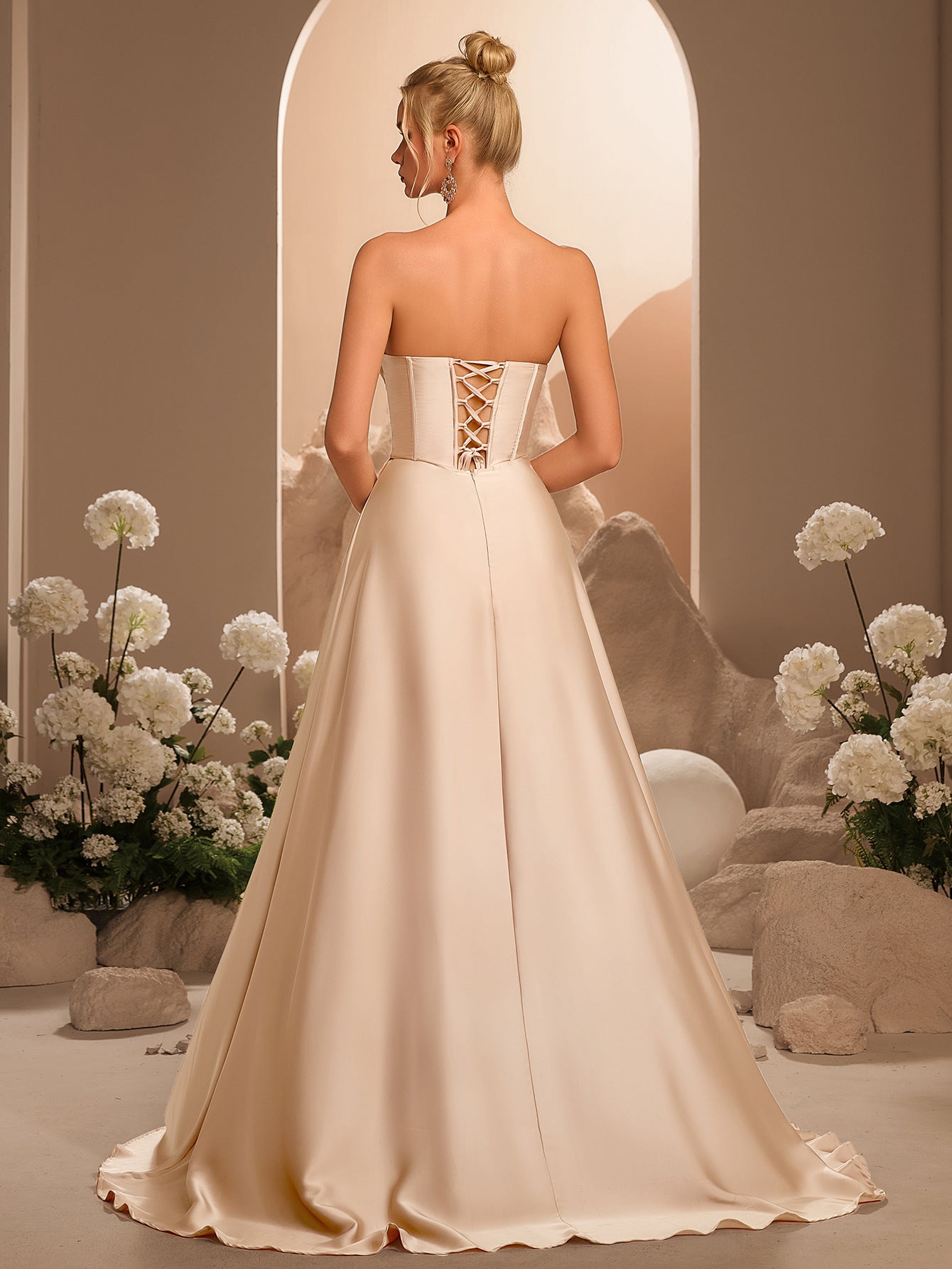 Elegant A-Line Draped High Split Ruffles Strapless Evening Party Maxi Dress