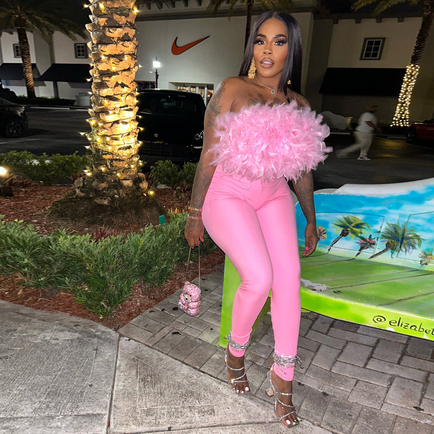 Trend Feather Strapless Tops High-Waisted Hollow Leggings Matching Clubwear Suits 2 Piece Set