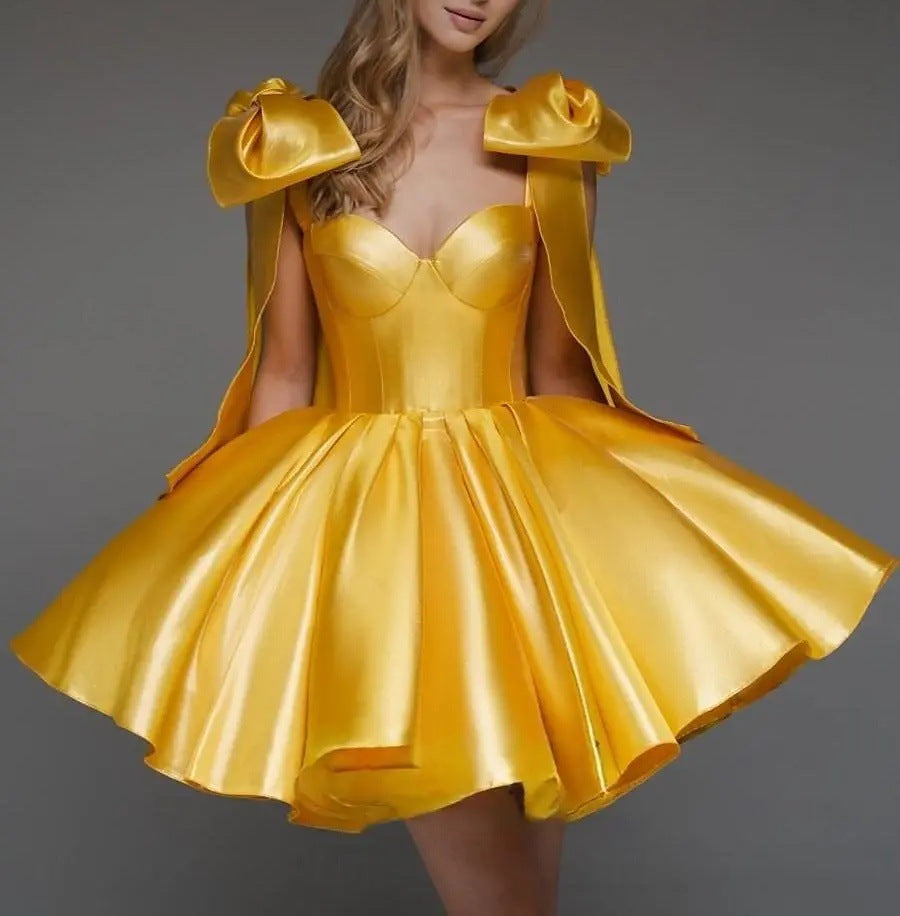 Elegant Ruffled Halter Shinny Satin Party Cocktail Party Mini Dress