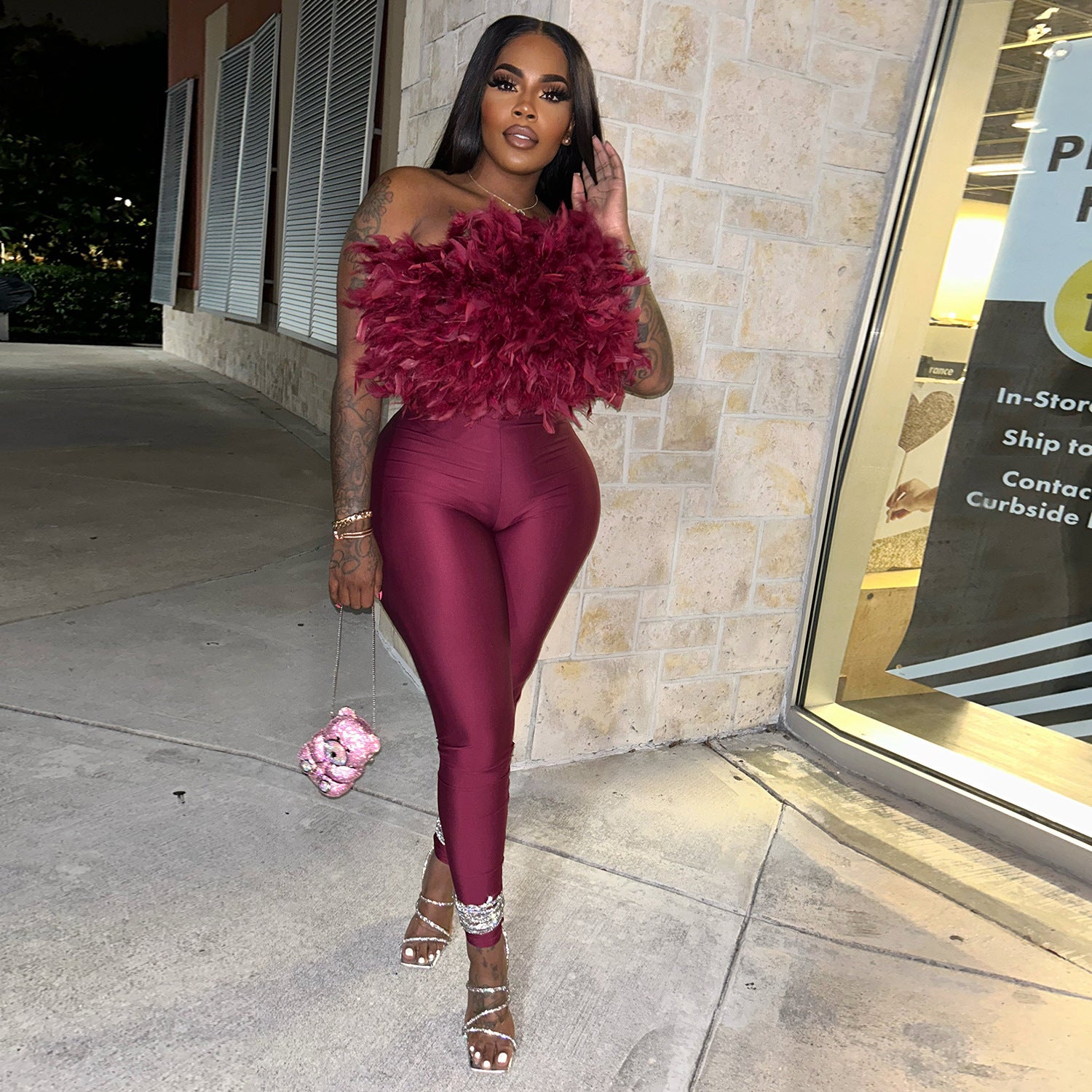Trend Feather Strapless Tops High-Waisted Hollow Leggings Matching Clubwear Suits 2 Piece Set