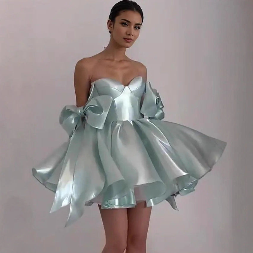 Elegant Ruffled Halter Shinny Satin Party Cocktail Party Mini Dress