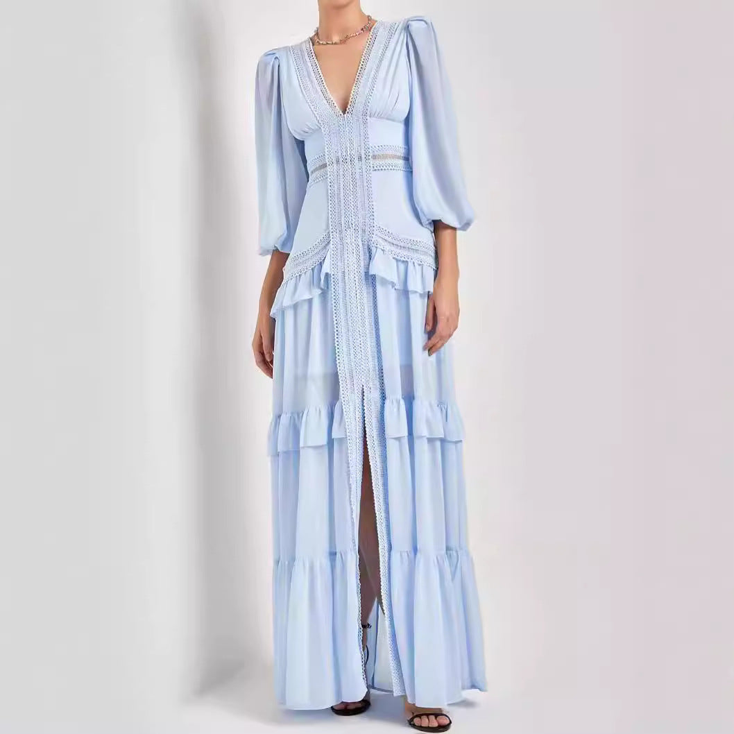 Vintage Long Sleeve High Waist Lace Splicing Stand Collar Midi Dress