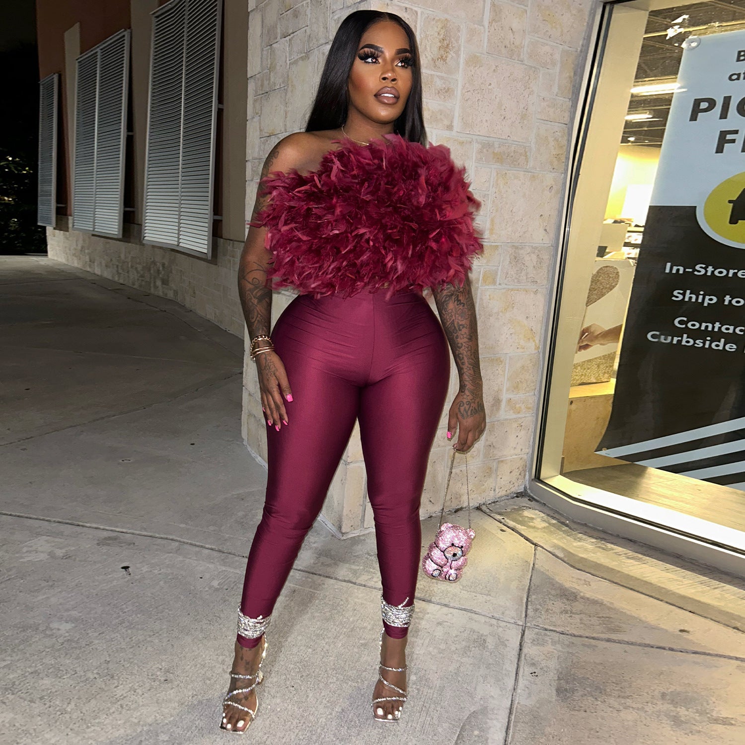 Trend Feather Strapless Tops High-Waisted Hollow Leggings Matching Clubwear Suits 2 Piece Set