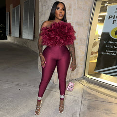 Trend Feather Strapless Tops High-Waisted Hollow Leggings Matching Clubwear Suits 2 Piece Set