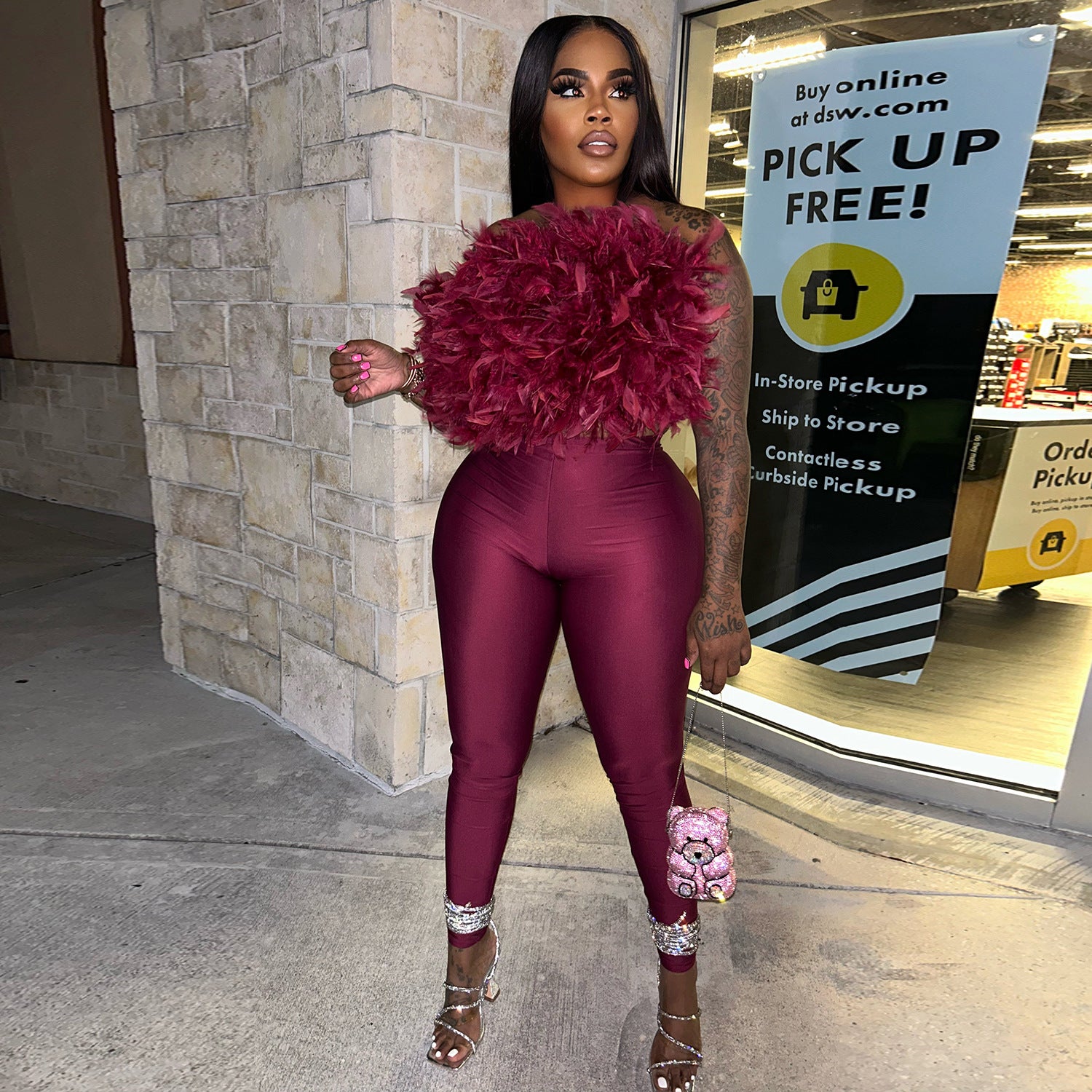 Trend Feather Strapless Tops High-Waisted Hollow Leggings Matching Clubwear Suits 2 Piece Set