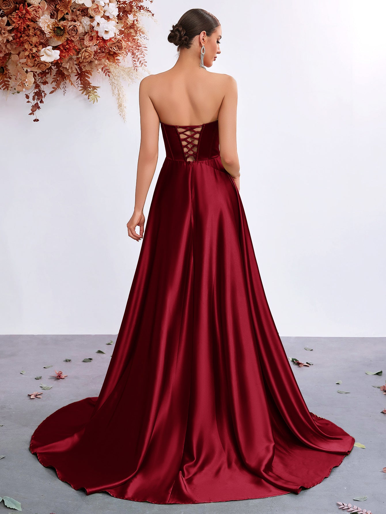 Elegant A-Line Draped High Split Ruffles Strapless Evening Party Maxi Dress