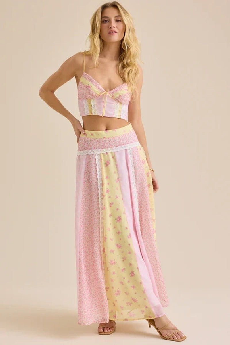 Print High Waist Pleated Slim Maxi Dresses Fly Sleeve Tops Skirt Sets