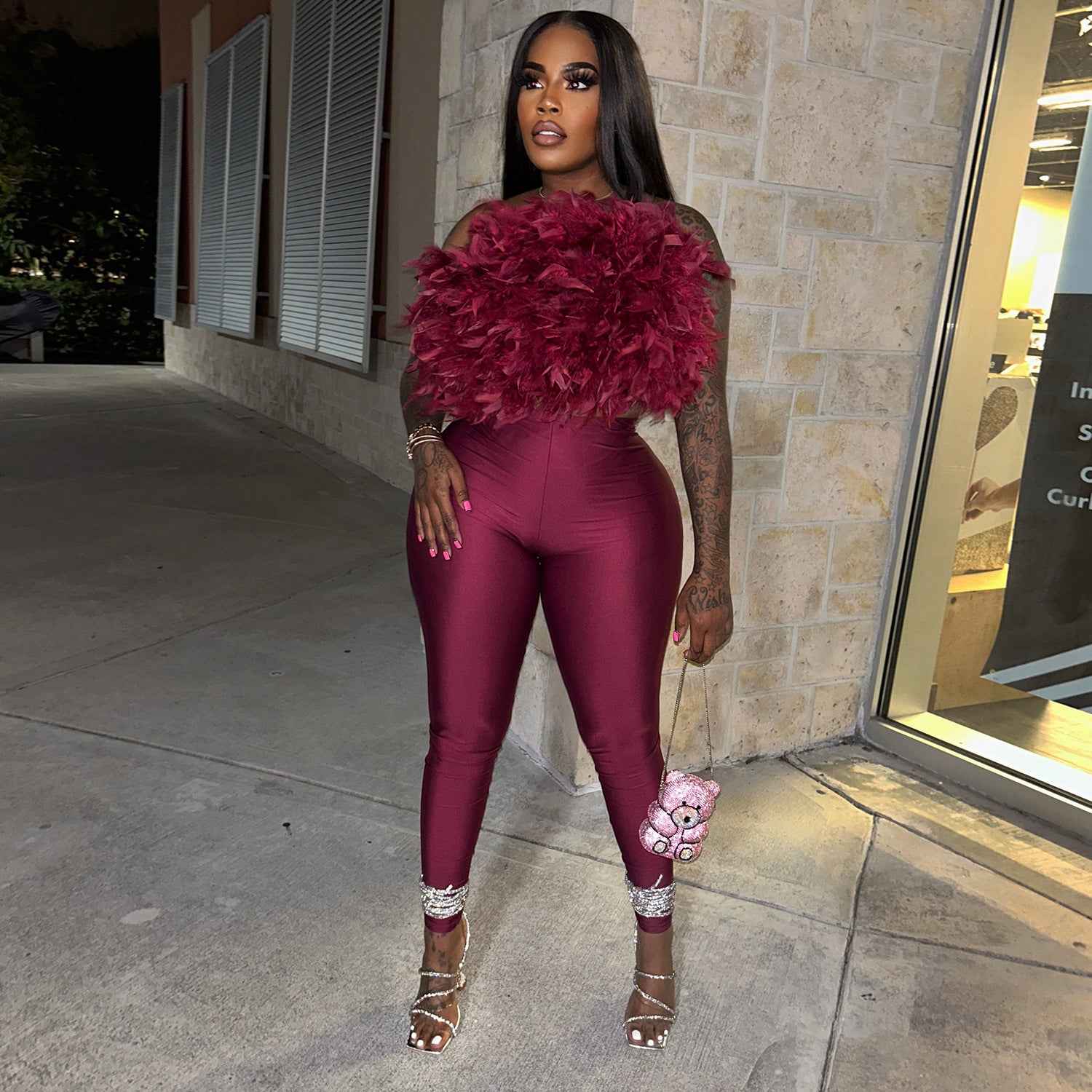 Trend Feather Strapless Tops High-Waisted Hollow Leggings Matching Clubwear Suits 2 Piece Set