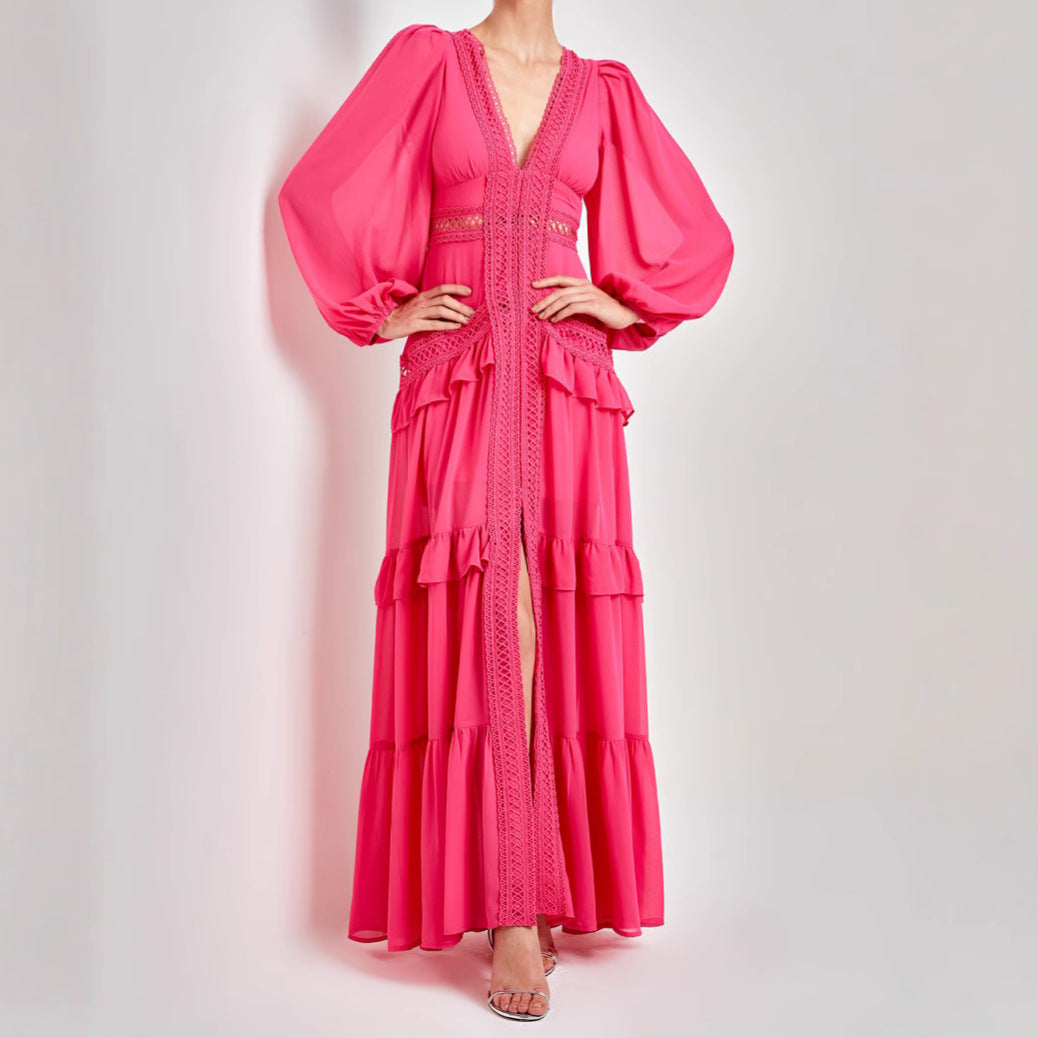 Vintage Long Sleeve High Waist Lace Splicing Stand Collar Midi Dress