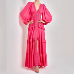 Vintage Long Sleeve High Waist Lace Splicing Stand Collar Midi Dress