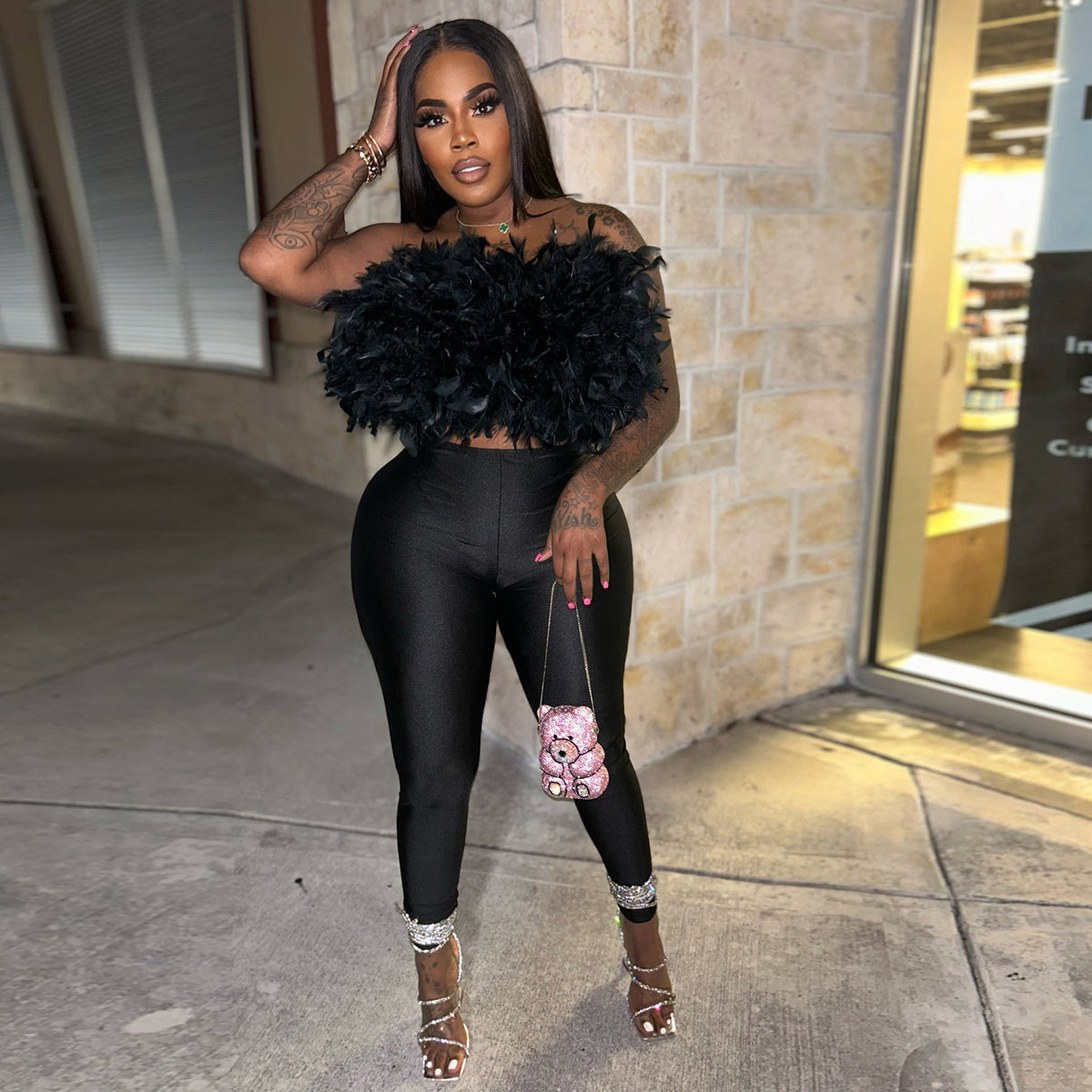 Trend Feather Strapless Tops High-Waisted Hollow Leggings Matching Clubwear Suits 2 Piece Set